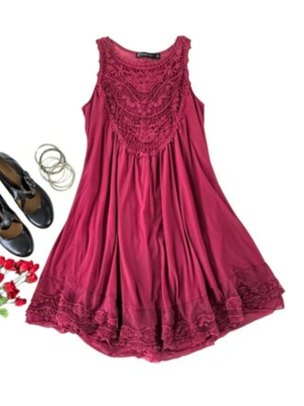 New York & Company Burgundy Lace Mini Dress Size Medium A Line Crochet Boho Y2K